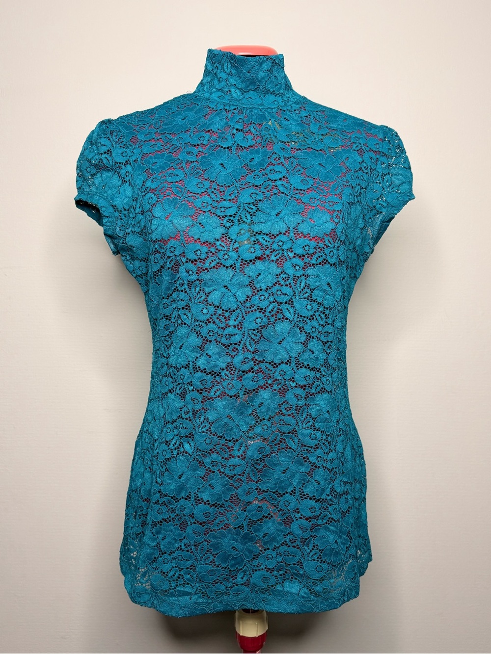 Express Teal Lace High-Neck Cap-Sleeve Women's Top Size Medium